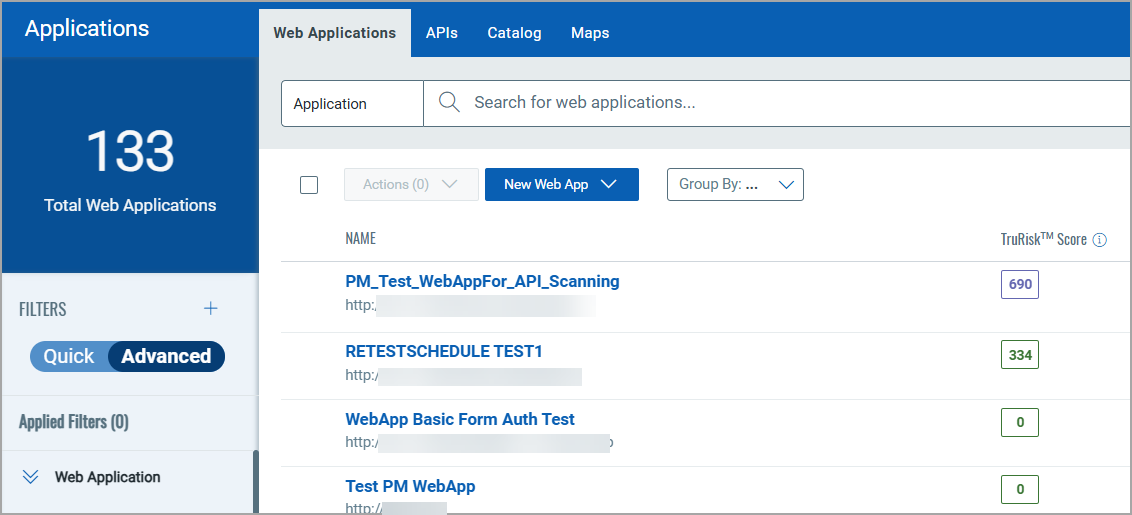 Advanced filter in Web Applications tab.